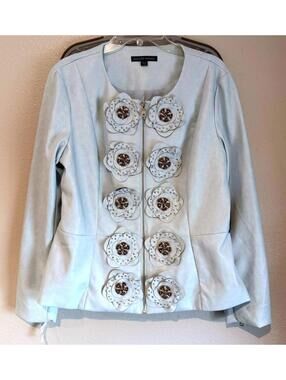 NWT Boston Proper Ice Blue Faux Leather 3D Floral Embellished Jacket Size XL